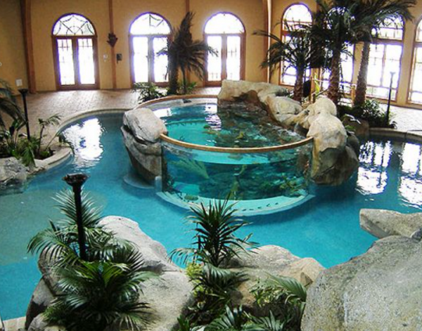 Aquarium outdoor dengan kolam renang dan pemandangan laut